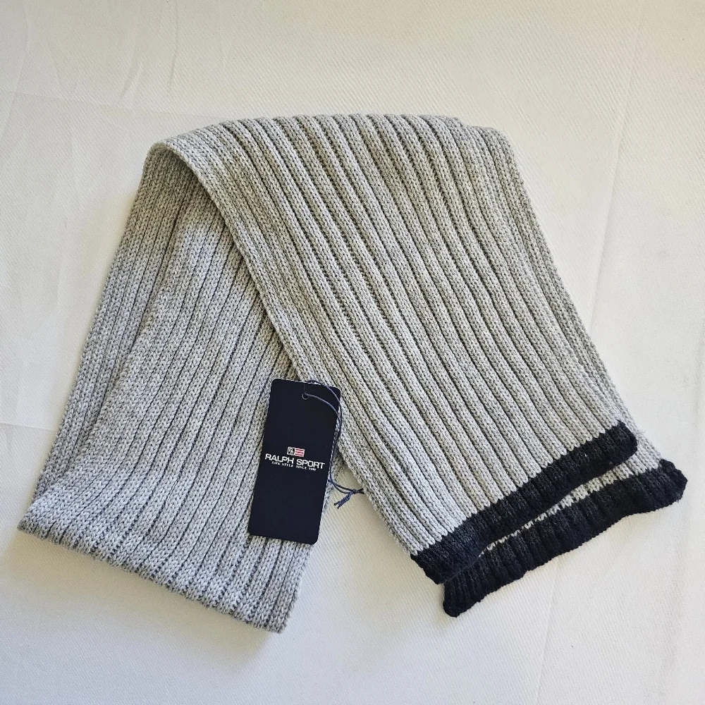 NWT Ralph Sport Ribbed Knit Scarf Gray Black Acrylic Winter Unisex